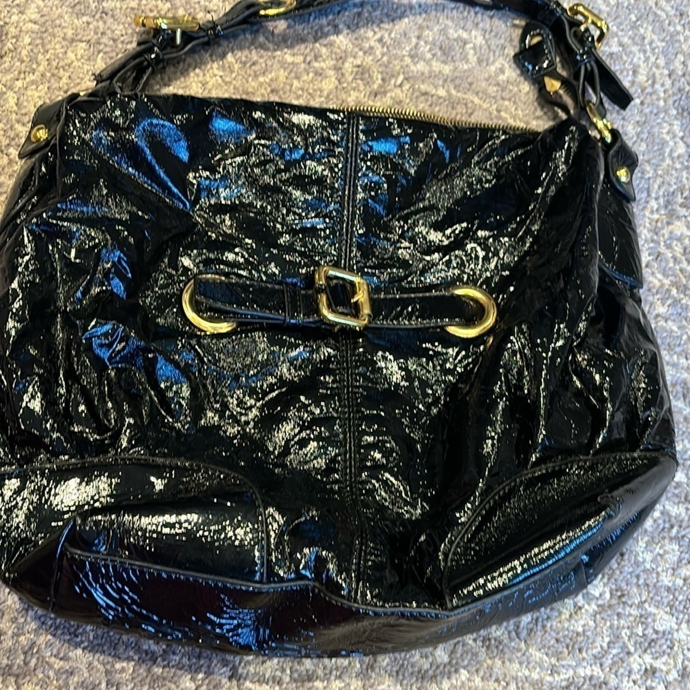 Simple black patent and gold shoulder bag